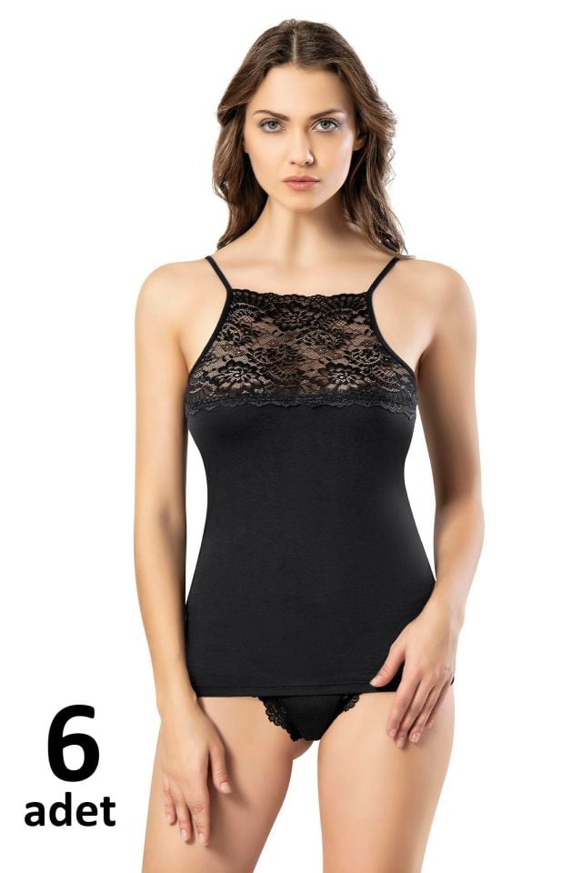 KOTA BAYAN İP ASKILI GENİŞ DANTELLİ ATLET Siyah/Beyaz 6 ' lı K6033