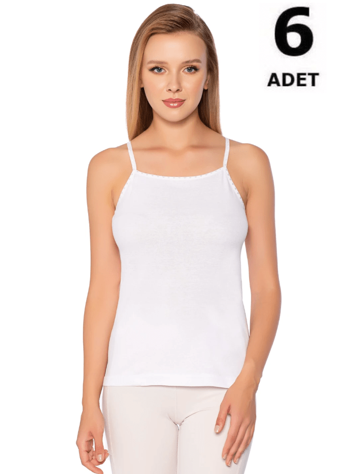 Sedef Yıldızı Kadın Beyaz Ribana İp Askılı Düz Biye Atlet 6'lı 1091