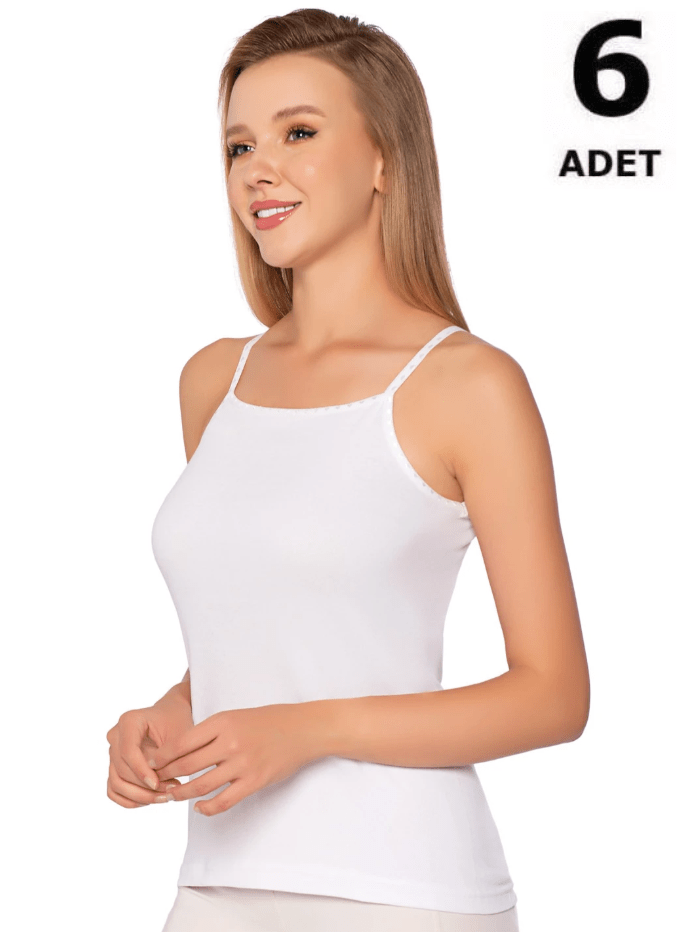 Sedef Yıldızı Kadın Beyaz Ribana İp Askılı Düz Biye Atlet 6'lı 1091