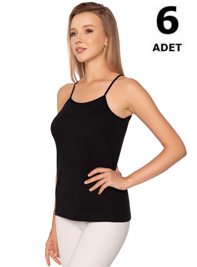 Sedef Yıldızı Kadın Renkli Ribana İp Askılı Düz Biye Atlet 6'lı 1091 Siyah/Gri