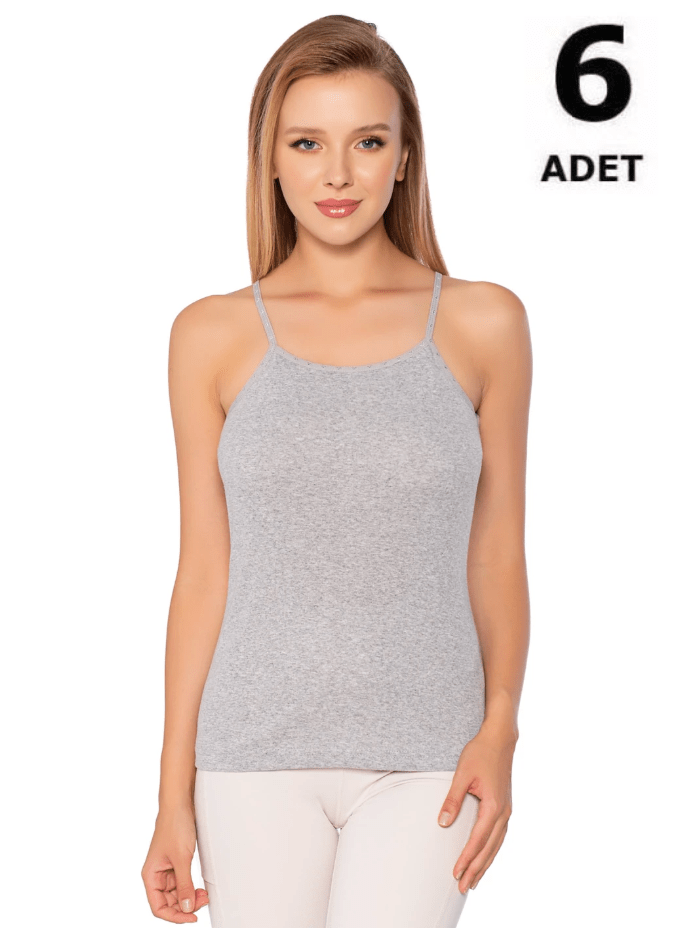 Sedef Yıldızı Kadın Renkli Ribana İp Askılı Düz Biye Atlet 6'lı 1091 Siyah/Gri