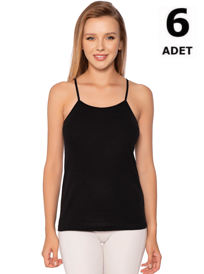 Sedef Yıldızı Kadın Renkli Ribana İp Askılı Düz Biye Atlet 6'lı 1091 Siyah/Gri