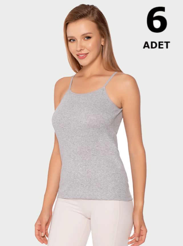 Sedef Yıldızı Kadın Renkli Ribana İp Askılı Düz Biye Atlet 6'lı 1091 Siyah/Gri