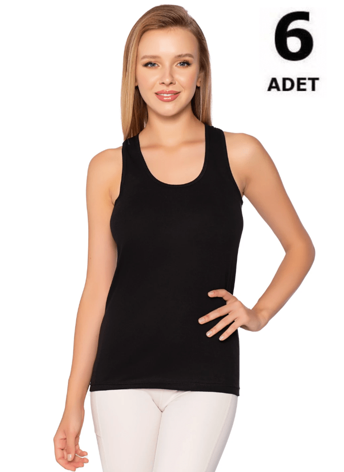 Sedef Yıldızı Kadın Ribana Geniş Askılı Düz Biye Atlet 6'lı 1092 Siyah/Beyaz/Gri