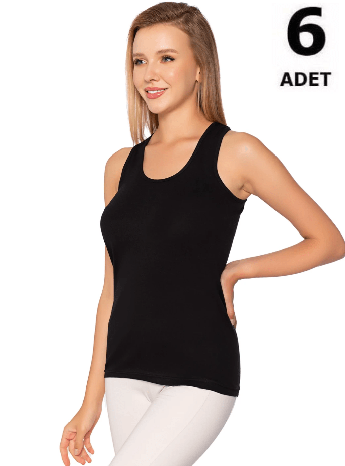 Sedef Yıldızı Kadın Ribana Geniş Askılı Düz Biye Atlet 6'lı 1092 Siyah/Beyaz/Gri