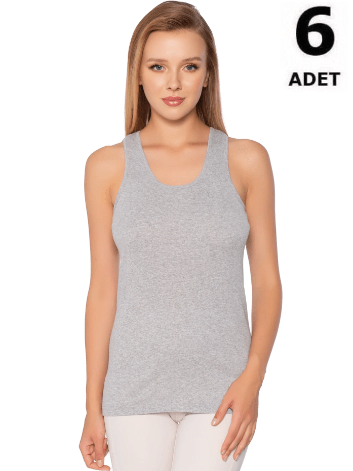 Sedef Yıldızı Kadın Ribana Geniş Askılı Düz Biye Atlet 6'lı 1092 Siyah/Beyaz/Gri