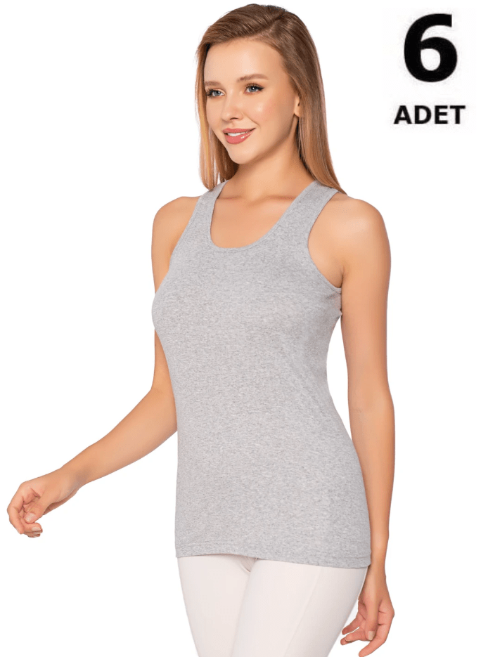 Sedef Yıldızı Kadın Ribana Geniş Askılı Düz Biye Atlet 6'lı 1092 Siyah/Beyaz/Gri