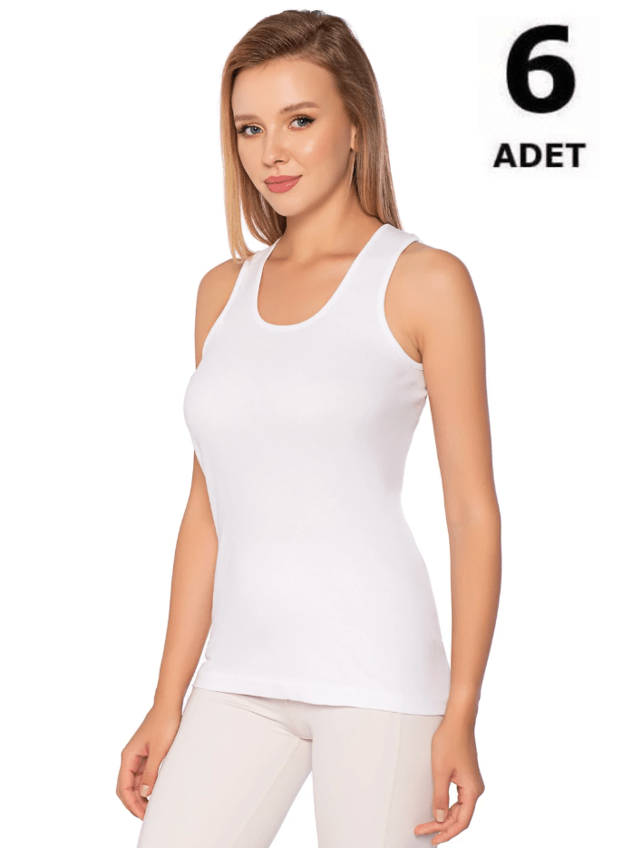 Sedef Yıldızı Kadın Ribana Geniş Askılı Düz Biye Atlet 6'lı 1092 Siyah/Beyaz/Gri BEYAZ - L