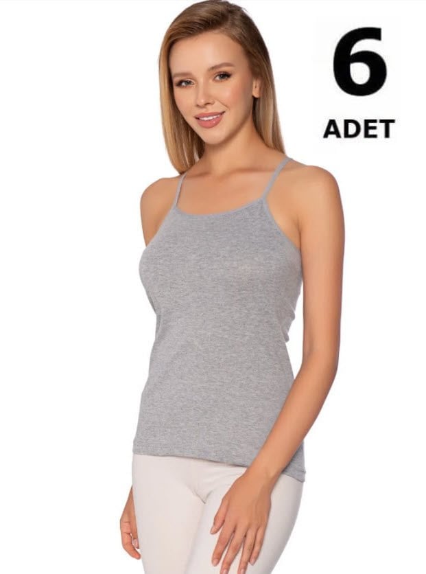 Gümüş Kadın Renkli Ribana İp Askı Düz Biye Atlet Siyah/Gri/Ten 6'lı 4023