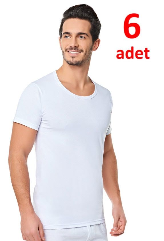 Seher Erkek Penye Bisiklet Yaka Atlet 6'lı  Beyaz/Gri BEYAZ - M