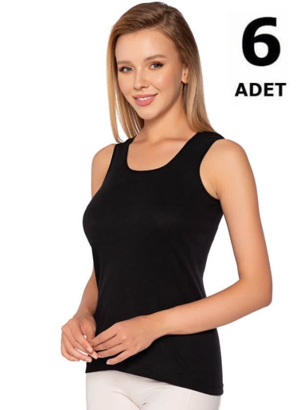 Gümüş Renkli Ribana Geniş Askı Düz Biye Atlet Siyah/Ten/Gri 6'lı 4024