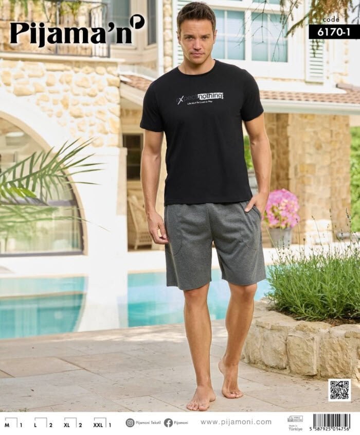 Pijamoni Erkek Penye Kısa Kol Şortlu Pijama Takımı 6170