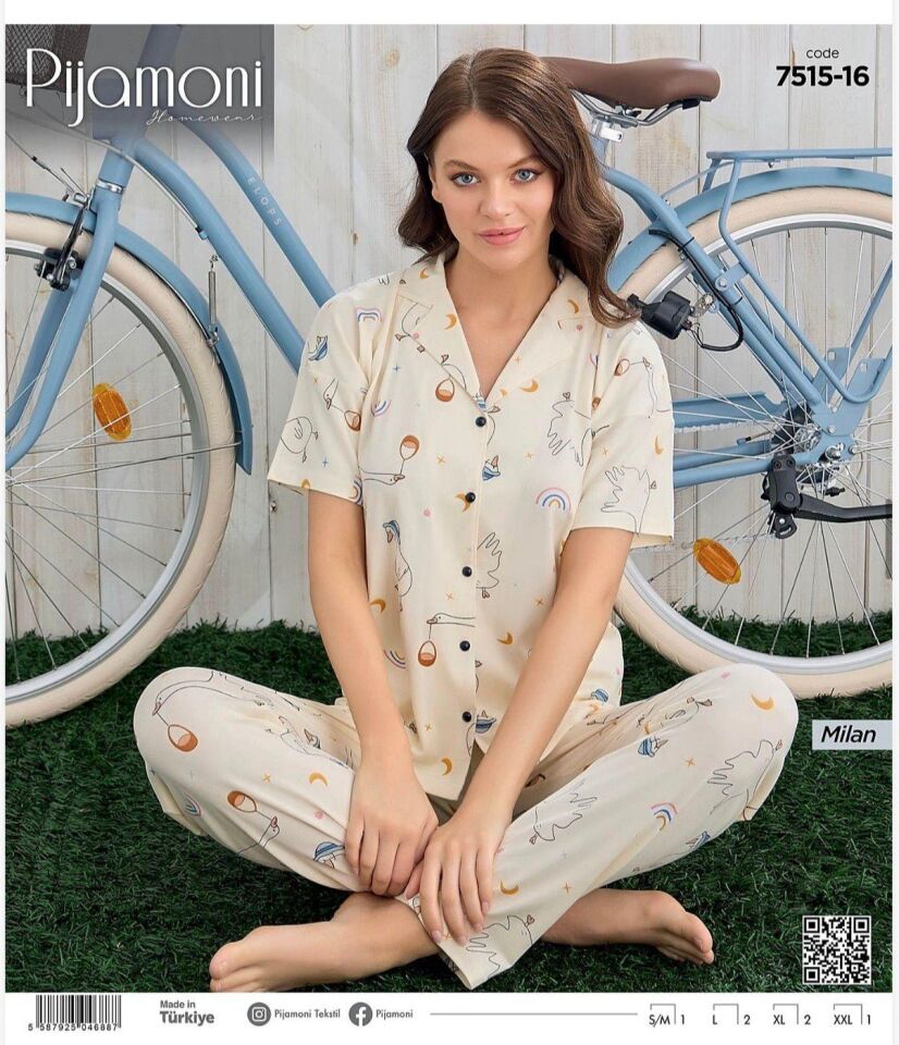 Pijamoni Bayan Milan Önden Düğmeli Kısa kol Pijama Takımı 7515