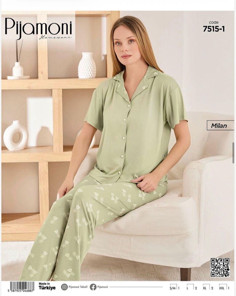 Pijamoni Bayan Milan Önden Düğmeli Kısa kol Pijama Takımı 7515