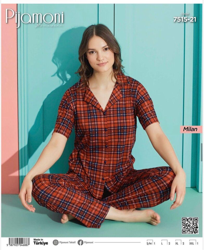 Pijamoni Bayan Milan Önden Düğmeli Kısa kol Pijama Takımı 7515