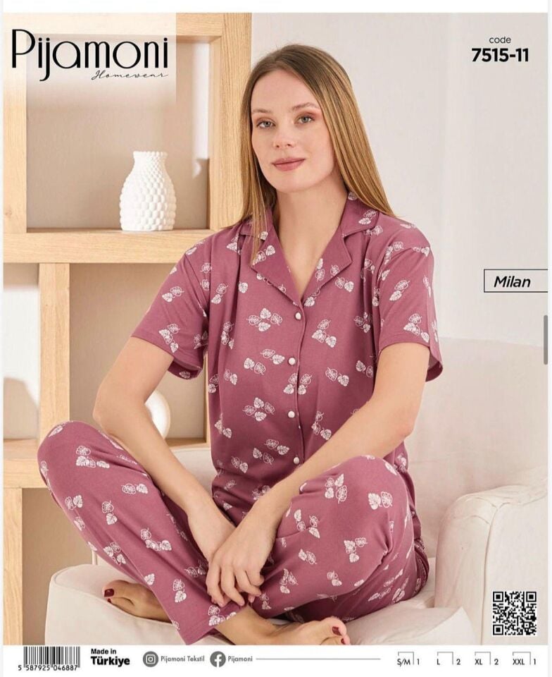 Pijamoni Bayan Milan Önden Düğmeli Kısa kol Pijama Takımı 7515