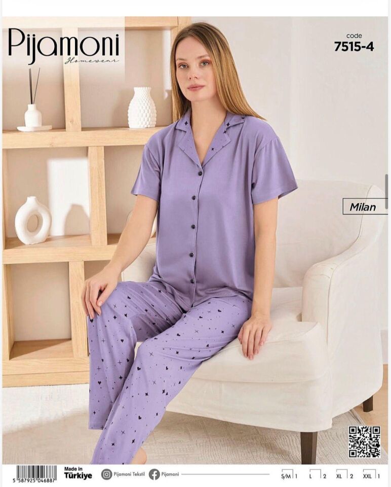 Pijamoni Bayan Milan Önden Düğmeli Kısa kol Pijama Takımı 7515