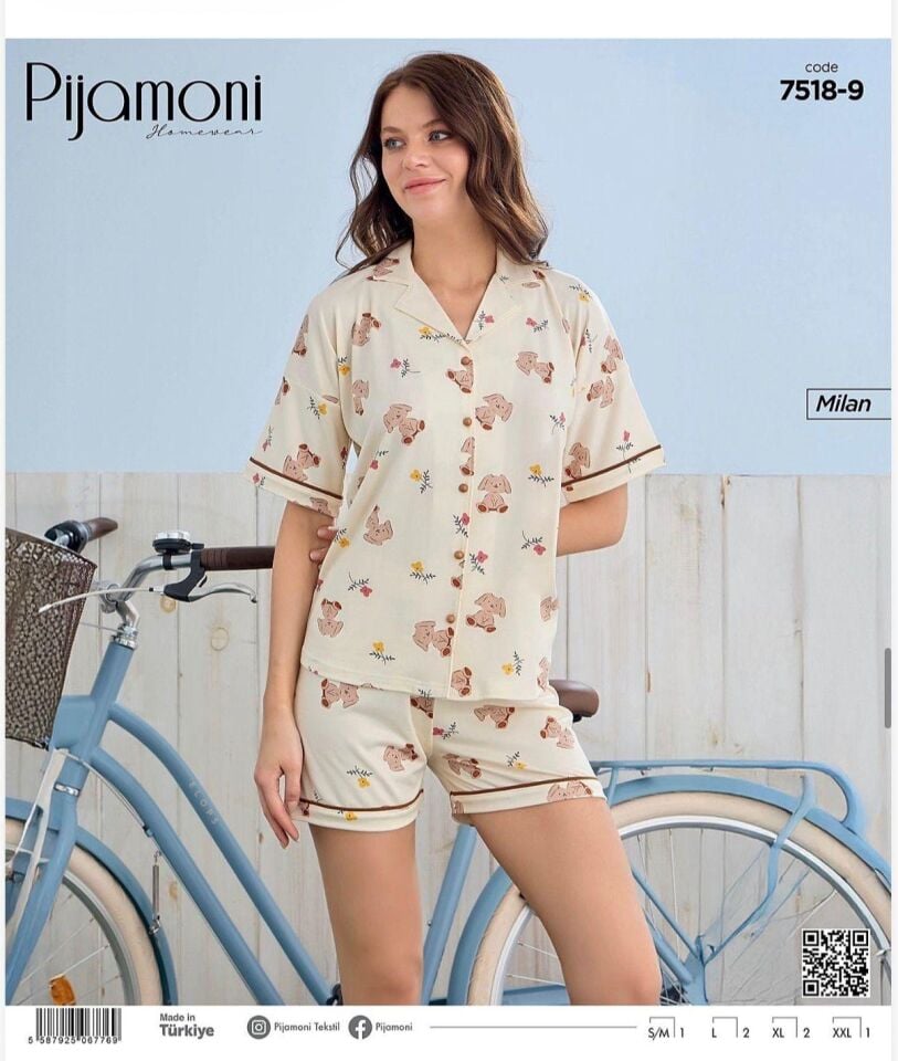 Pijamoni Bayan Milan Önden Düğmeli Kısa Kol Şortlu Pijama Takımı 7518