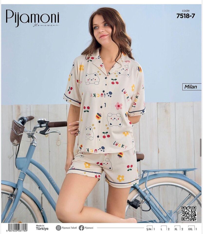 Pijamoni Bayan Milan Önden Düğmeli Kısa Kol Şortlu Pijama Takımı 7518