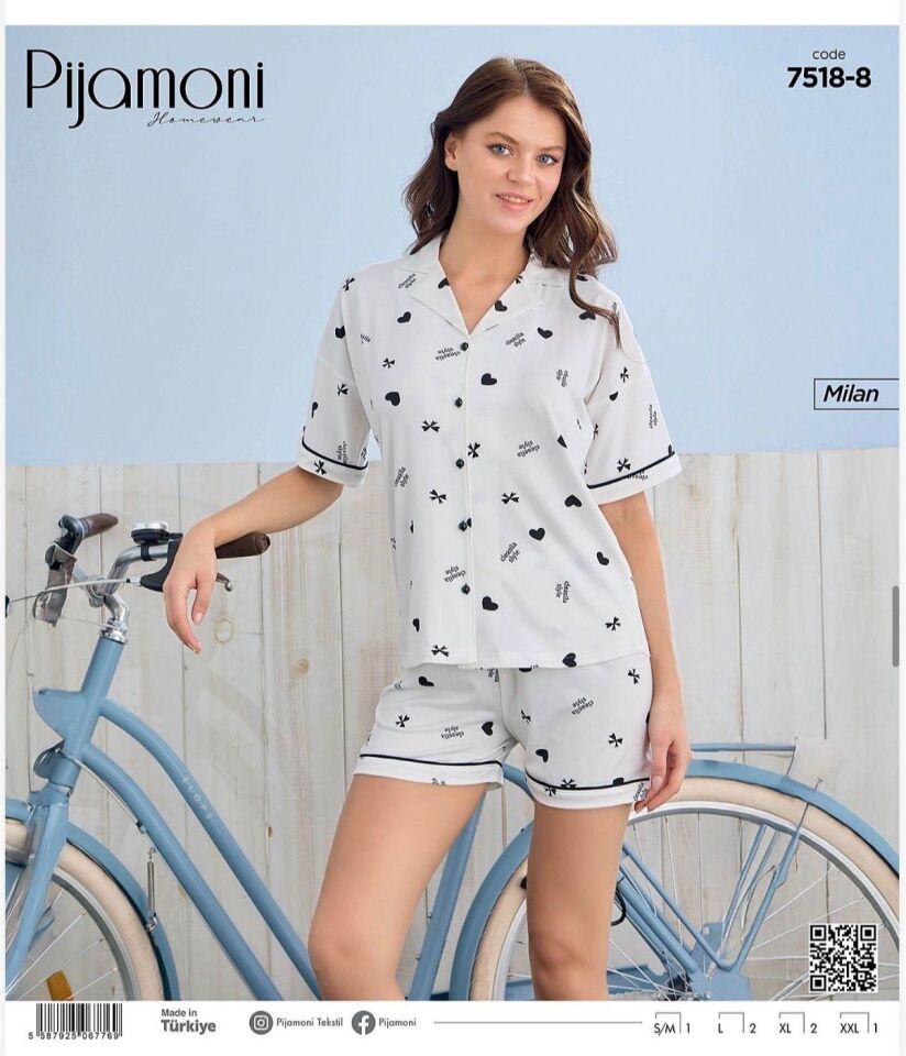 Pijamoni Bayan Milan Önden Düğmeli Kısa Kol Şortlu Pijama Takımı 7518