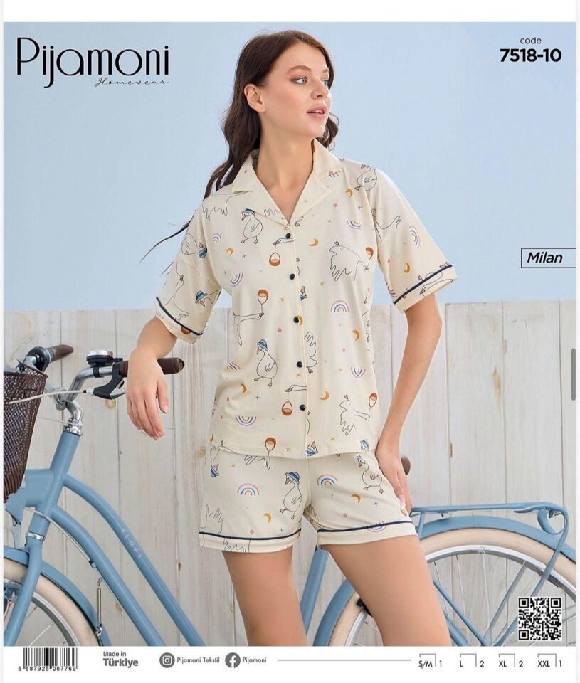 Pijamoni Bayan Milan Önden Düğmeli Kısa Kol Şortlu Pijama Takımı 7518