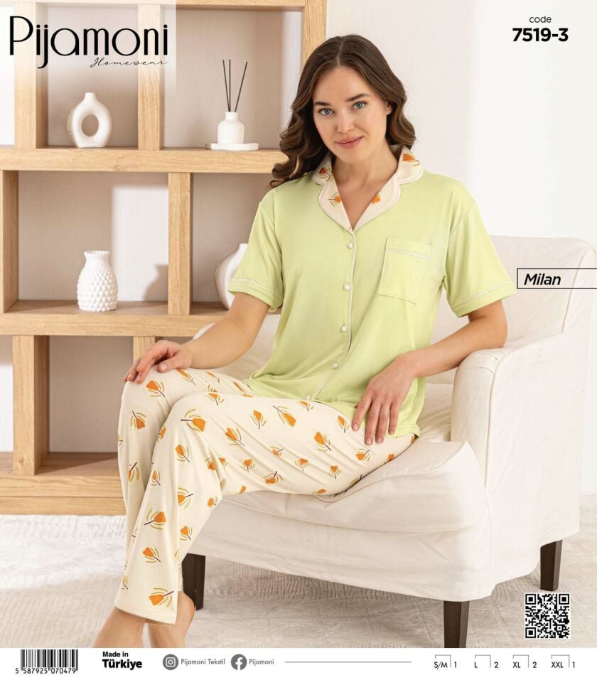 Pijamoni Bayan Milan Önden Düğmeli Biyeli Pijama Takımı 7519