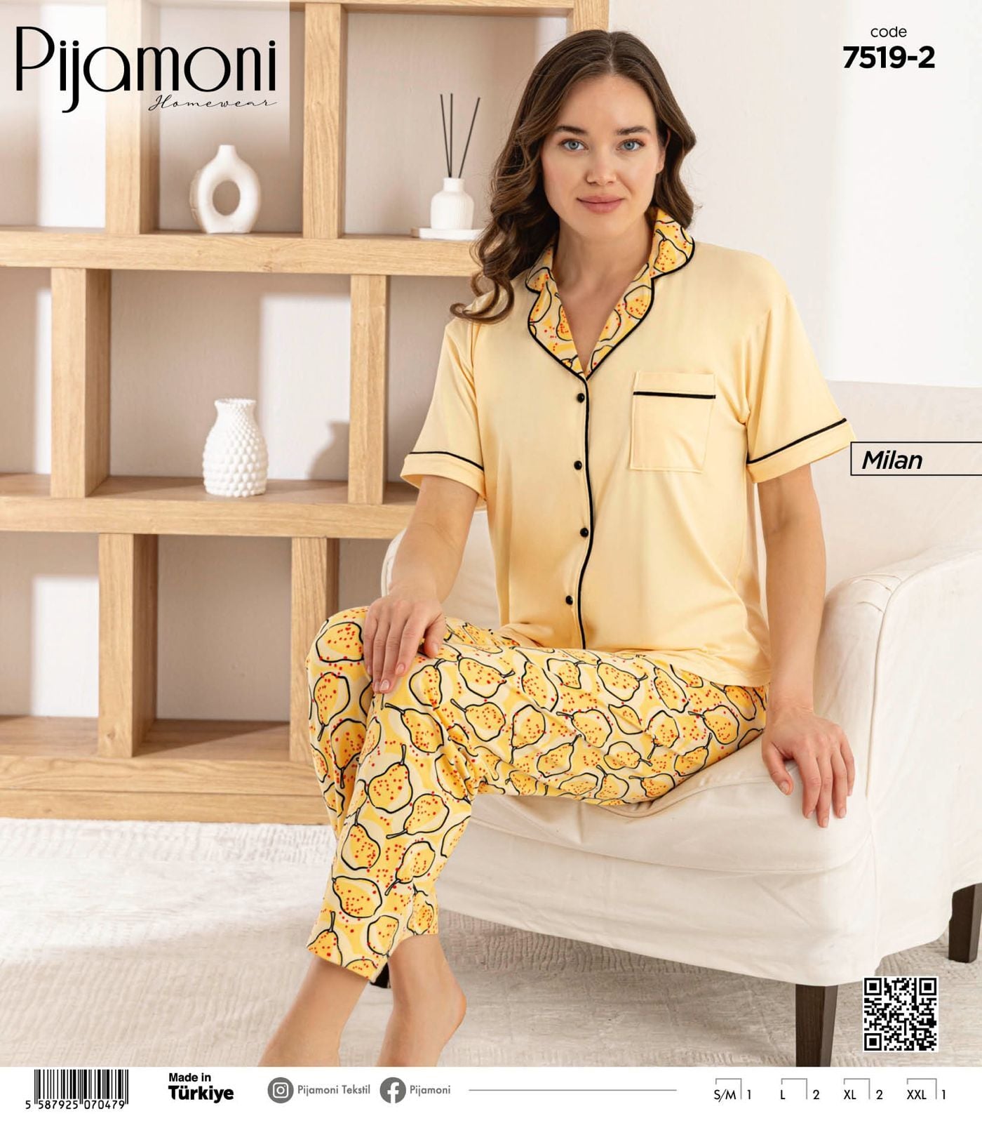 Pijamoni Bayan Milan Önden Düğmeli Biyeli Pijama Takımı 7519