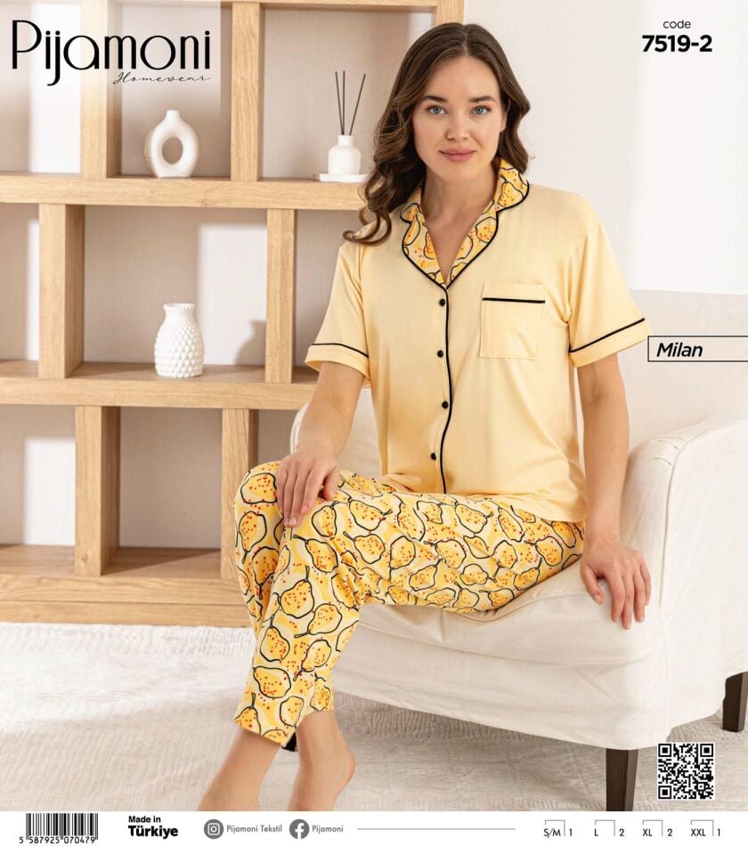 Pijamoni Bayan Milan Önden Düğmeli Biyeli Pijama Takımı 7519