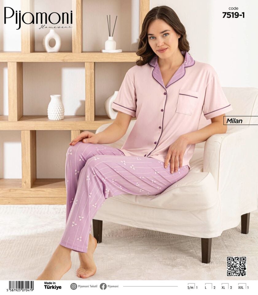 Pijamoni Bayan Milan Önden Düğmeli Biyeli Pijama Takımı 7519