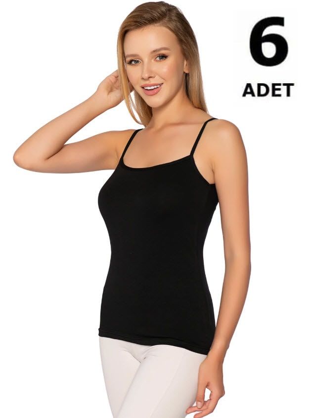 Gümüş Kadın Likralı İp Askı Düz Biye Atlet Siyah/Beyaz 6'lı 4047