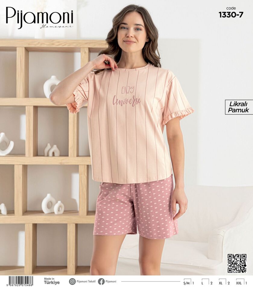 Pijamoni Likralı Penye Kısa Kol Şortlu Bayan Pijama Takımı 1330
