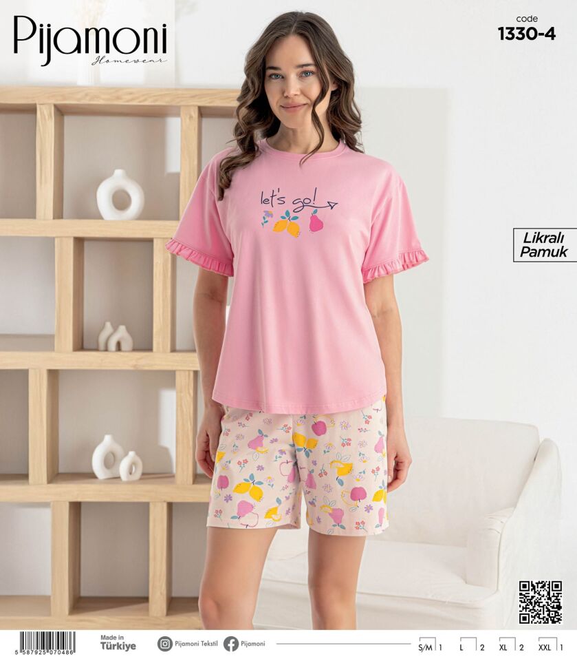 Pijamoni Likralı Penye Kısa Kol Şortlu Bayan Pijama Takımı 1330