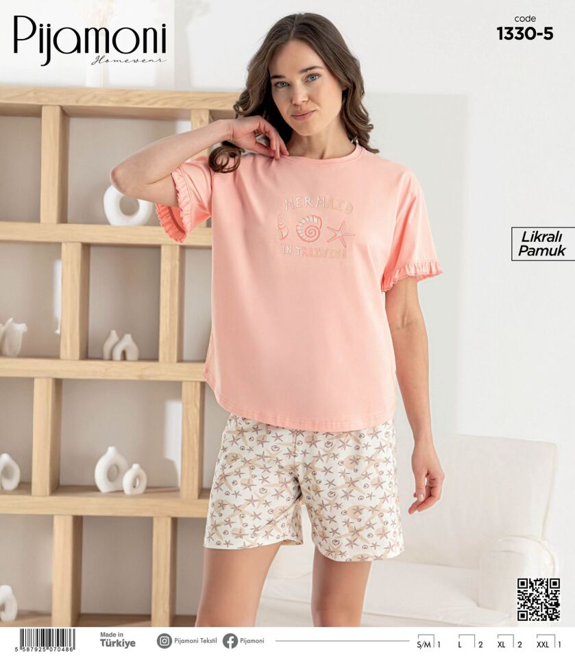 Pijamoni Likralı Penye Kısa Kol Şortlu Bayan Pijama Takımı 1330