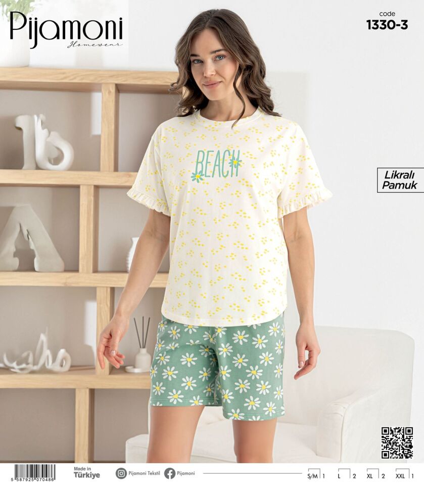 Pijamoni Likralı Penye Kısa Kol Şortlu Bayan Pijama Takımı 1330
