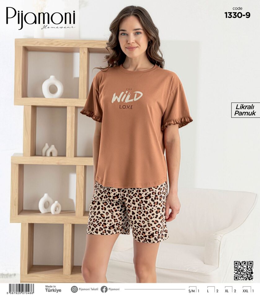 Pijamoni Likralı Penye Kısa Kol Şortlu Bayan Pijama Takımı 1330