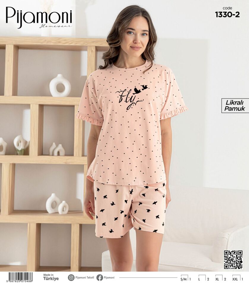 Pijamoni Likralı Penye Kısa Kol Şortlu Bayan Pijama Takımı 1330