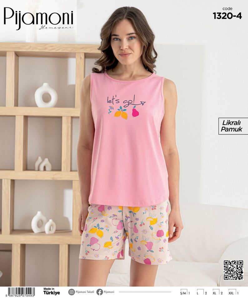 Pijamoni Likralı Penye Sıfır Kol Şortlu Bayan Pijama Takımı 1320