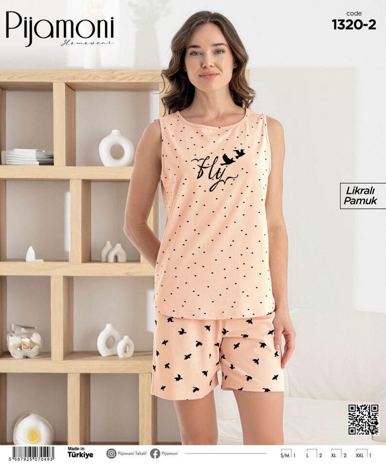 Pijamoni Likralı Penye Sıfır Kol Şortlu Bayan Pijama Takımı 1320