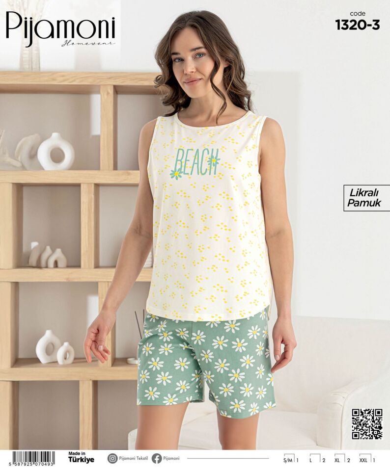 Pijamoni Likralı Penye Sıfır Kol Şortlu Bayan Pijama Takımı 1320