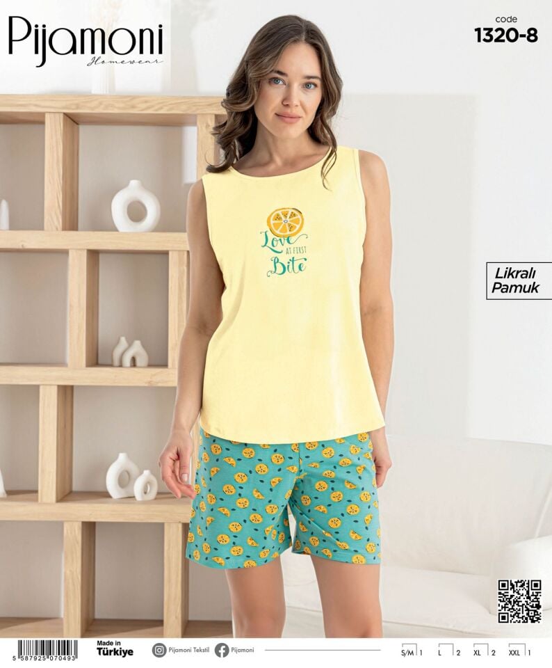 Pijamoni Likralı Penye Sıfır Kol Şortlu Bayan Pijama Takımı 1320