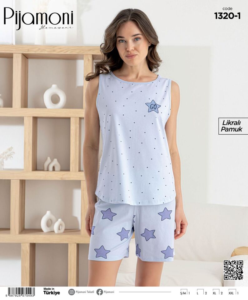 Pijamoni Likralı Penye Sıfır Kol Şortlu Bayan Pijama Takımı 1320
