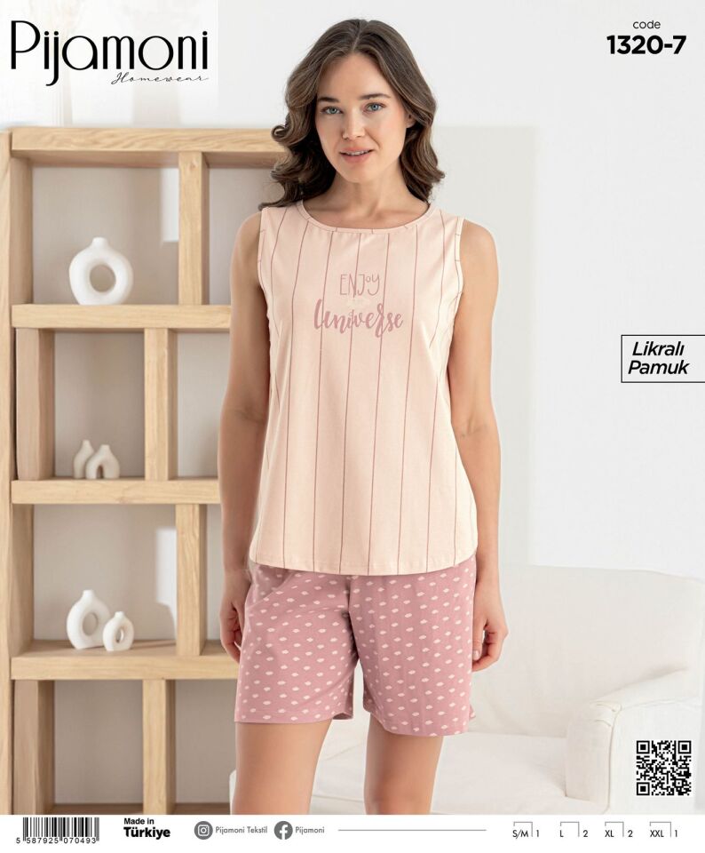 Pijamoni Likralı Penye Sıfır Kol Şortlu Bayan Pijama Takımı 1320