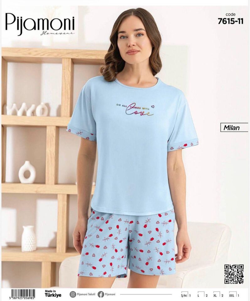 Pijamoni Milan Kısa Kol Şortlu Bayan Pijama Takımı 7615