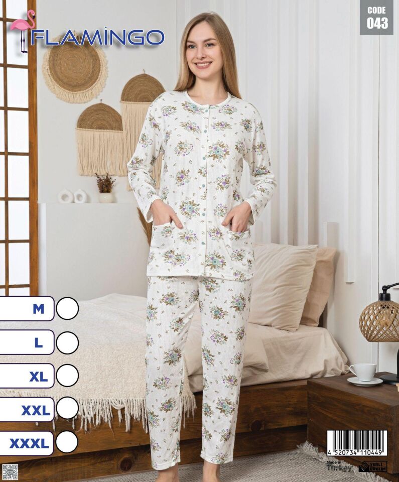 Flamingo Önden Düğmeli Bayan Pijama Takımı