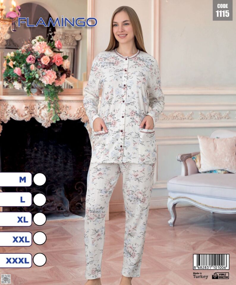 Flamingo Önden Düğmeli Bayan Pijama Takımı 5li Paket