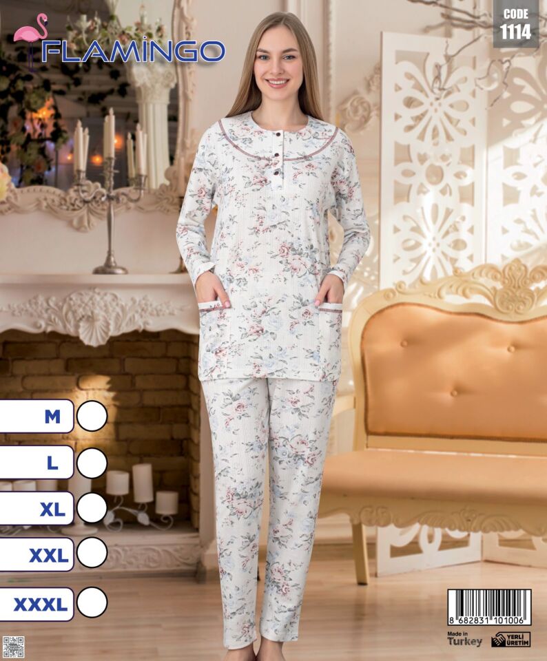 Flamingo Önden Düğmeli Bayan Pijama Takımı 5li Paket