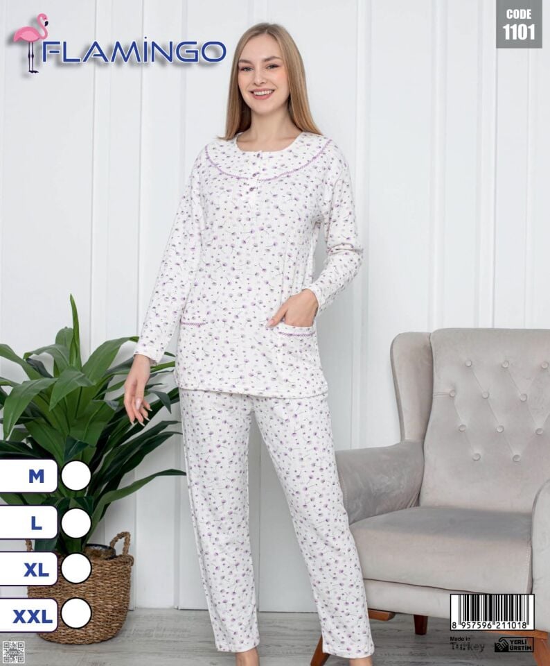 Flamingo Önden Düğmeli Bayan Pijama Takımı 5li Paket