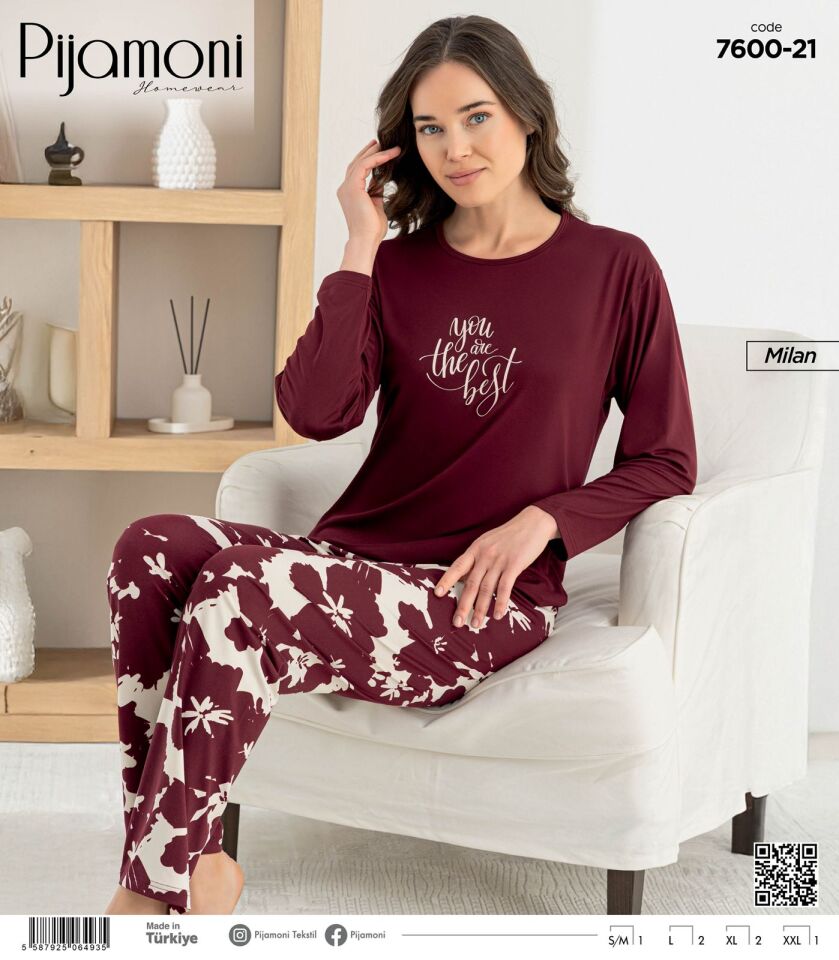 Pijamoni Milan Uzun Kol Önü Baskılı Pijama Takımı 7600