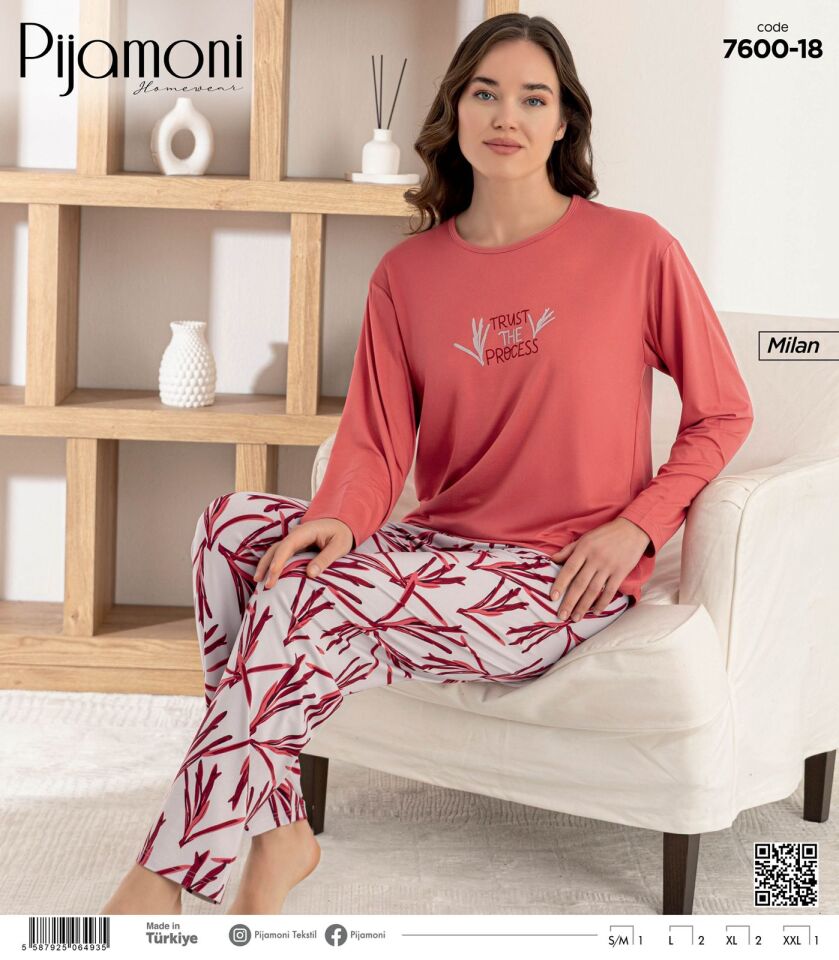Pijamoni Milan Uzun Kol Önü Baskılı Pijama Takımı 7600