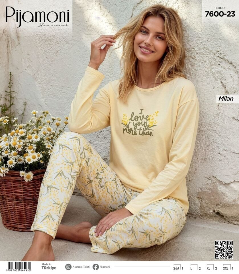 Pijamoni Milan Uzun Kol Önü Baskılı Pijama Takımı 7600